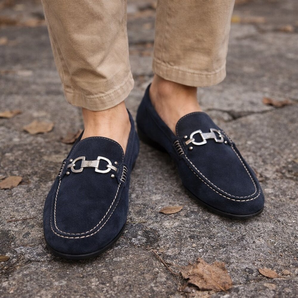 Donald J Pliner Mens Navy Blue Suede Driver Loafers Bit Detail Moc Toe Size 11